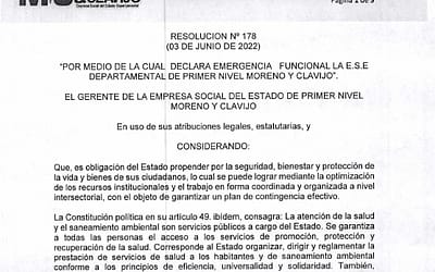Resolución 178/2022 – Por medio de la cual declara emergencia funcional la ESE Moreno y Clavijo